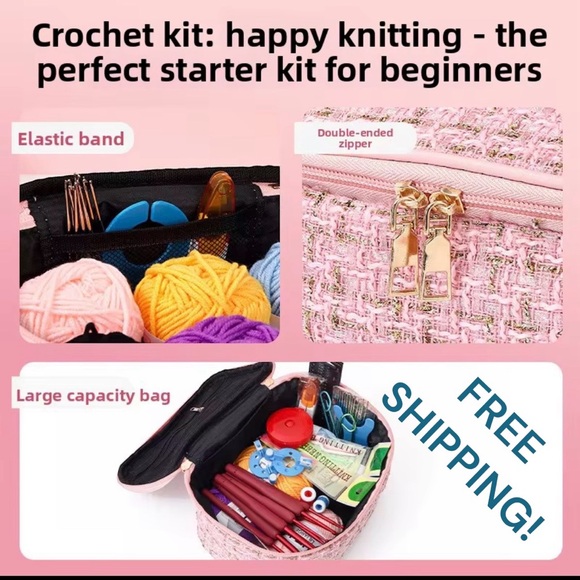 NEW 57pcs Crochet Kit Beginners Starter Knitting Yarn Tools Cute Pink Tweed Bag - Picture 2 of 13